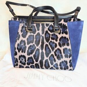 Jimmy Choo- Authentic 🍀 EUC! Alfie Blue Leopard Print Pony Hair/Suede 2 Way Bag